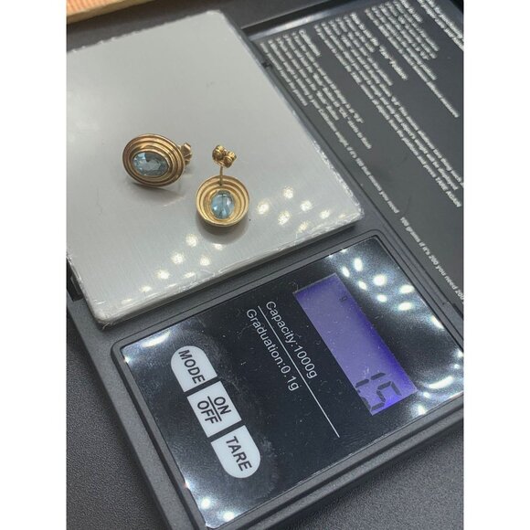 Vintage Blue Topaz Earrings 14k Gold Triple Oval Shaped Studs Statement Earrings - Picture 7 of 7